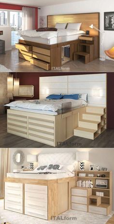 Space Saving Furniture Bedroom, Space Saving Bedroom, High Bed, Storage Beds, Diy Furniture Cheap, Space Saving Beds, Bed Frame Design, High Beds, Dekorasi Kamar Tidur