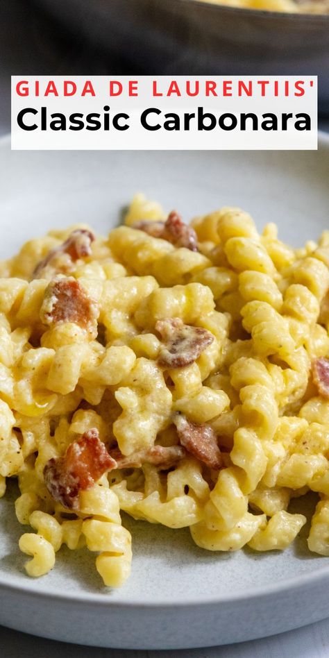 This pasta dish is one of the classic pastas of Rome. It’s traditionally made with guanciale, a cured pork product that’s common in Italy, but it’s a bit difficult to find here: so I opt for bacon instead. Feel free to swap out some of the Parmigiano for Pecorino, or even all of it! Classic Carbonara Recipe, Classic Carbonara, Giada Recipes, Carbonara Recipe, Pasta Carbonara, Carbonara Pasta, Pasta Shapes, Classic Food, How To Cook Pasta