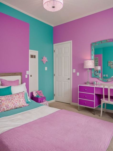 Create a striking and vibrant focal point in a girls bedroom with a purple accent wall. Add some pops of color throughout the room with fun accessories like pink throw pillows, a turquoise rug, and a playful wall decal. Purple Teal Bedroom Room Ideas, Pink Purple Turquoise Bedroom, Pink And Purple Bedroom Walls, Pink Purple Girls Room, Purple Turquoise Bedroom, Pink Purple Blue Bedroom Girl Rooms, Blue And Purple Girls Room, Blue And Pink Bedroom For Kids, Pink And Purple Girls Bedroom