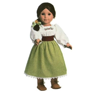 Josefina's Harvest Outfit was introduced to Josefina's Collection in 1999 and retired in 2005(?). It is associated with the short story A Reward for Josefina. Retail cost was $22. 1 Camisa 2 Skirt 3 Sash 4 Ribbon 5 Trivia 6 See Also Long-sleeved white camisa. High yoke with square neckline. Gathered sleeves at cuffs. Yoke embroidered with three burgundy flowers (yellow centers), black stems, and harvest green leaves. Velcros up the back. Harvest green knee length skirt. Leaves and vines print. Harvest Dress, Holiday Clothes, American Girl Doll Clothes Patterns, Hair Ribbons, American Girl Clothes, American Girls, Gathered Sleeves, Ag Dolls, Girl Doll Clothes