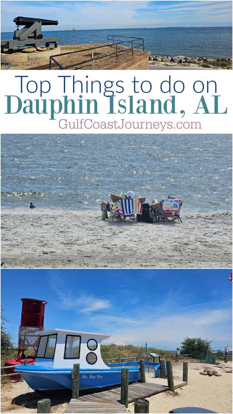 The best things to do in Dauphin Island, Alabama including beach time, aquarium, Fort Morgan Ferry, Fort Gaines, and more. Dauphin Island Alabama, Island Camping, Gulf Coast Vacations, Dauphin Island, Fort Morgan, Live Oak Trees, River Delta, Fishing Charters, Pier Fishing