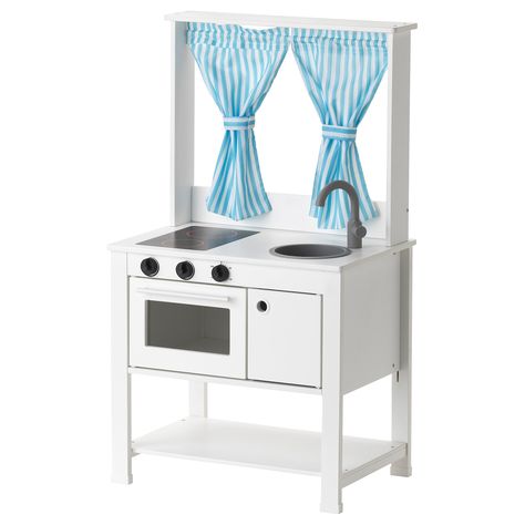 SPISIG Play kitchen with curtains, 21 5/8x14 5/8x38 5/8" - IKEA Spisig Play Kitchen, Kitchen With Curtains, Toy Cash Register, Play Kitchens, Ikea Website, Ikea Kids, Puppet Theater, Plastic Windows, House Wall