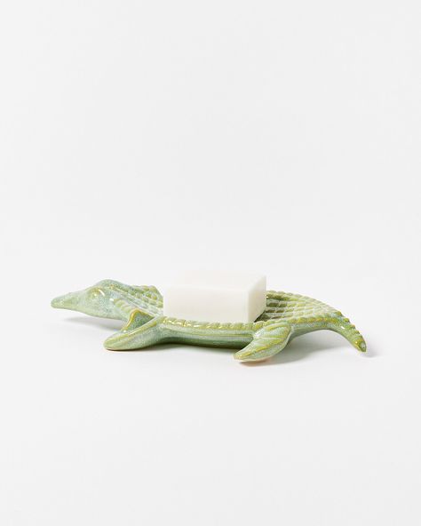 In a shiny green, this friendly croc soap dish has a textured glaze and sculptural details. Unique Soap Dish, Cute Soap Dish, Green Accessories Living Room, Ceramic Soap Dish, Shower Accessories, Oliver Bonas, Green Ceramics, Dream House Decor, Soap Dish