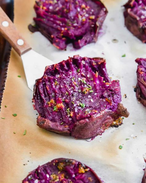 Roasted Stokes Purple Sweet Potato Recipe - Smashed Purple Potatoes Candied Purple Sweet Potatoes, Purple Yams Recipe, Purple Food Recipes, Purple Sweet Potato Salad, Purple Yam Recipe, Beni Imo, Purple Sweet Potato Recipes, Roasted Purple Potatoes, Japanese Purple Sweet Potato