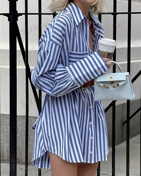 Taking an oversized shirt to a whole new level #shirtdress #oversizedshirt #styleinspiration #fashionpost #vetted Boyfriend Shirt Outfit, Boyfriend Shirt Outfits, Striped Boyfriend Shirt, Oversized Striped Shirt, Drop Shoulder Shirt, Fit Clothes, Fits Clothes, Boyfriend Shirt, Oversized Shirt