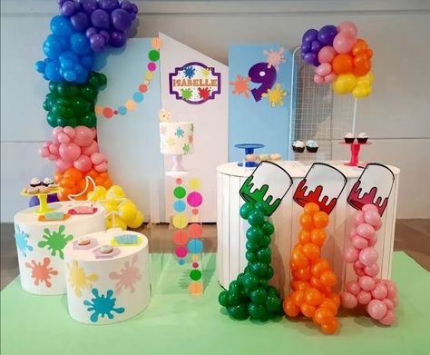 Art Party Dessert Table, Paint Party Backdrop, Art Party Cakes, Art Party Decorations, Art Themed Party, Painting Birthday Party, Artist Birthday, Paint Themes, Slime Party