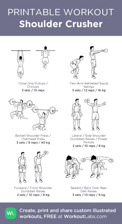 Shoulder Crusher – illustrated exercise plan created by me for personal use and interested individuals. As the title suggests, this workout is focused on the shoulders. Pectoral Exercises, Shoulder And Arm Workout, Tuesday Workout, Shoulder Workouts, Workout Labs, Workout Men, Printable Workout, Dumbell Workout, Gym Workouts For Men