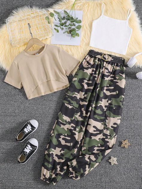 Multicolor Casual Collar Short Sleeve  Camo  Embellished Slight Stretch  Girls Clothing Clothes For Teens Girls Outfits, Clothes For Teenage Girls Outfit, Pre Teen Girl Outfits, Camo Print Pants, Adrette Outfits, Clothes For Teens, Teen Outfits, Casual Outfits For Teens