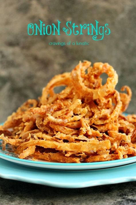 Onion Strings | Cravings of a Lunatic | Seriously sinful and totally worth indulging in! Fried Onion Rings, Onion Strings, Deep Fried Appetizers, Spicy Dipping Sauce, Crispy Onions, Onion Recipes, Think Food, Corn Dogs, Fried Onions