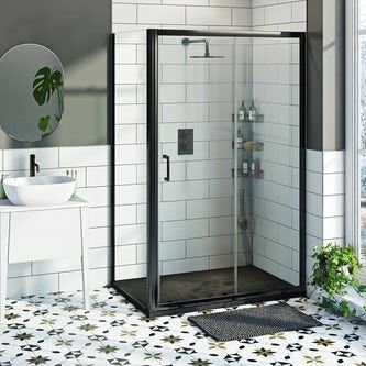 Black Framed Shower Door, Framed Shower Enclosure, Modern Shower Doors, Loft Plans, Bathroom Revamp, Small Ensuite, Black Shower Tray, Botanical Bathroom, Framed Shower Door