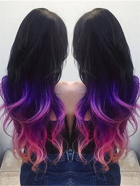 Purple pink Blacklight Hair Dye, Black Purple Pink Ombre Hair, Black Pink Purple Hair, Black Purple Pink Hair, Best Ombre Hair, Pink Ombre Hair, Purple Ombre Hair, Ombre Purple, Colored Hair Extensions