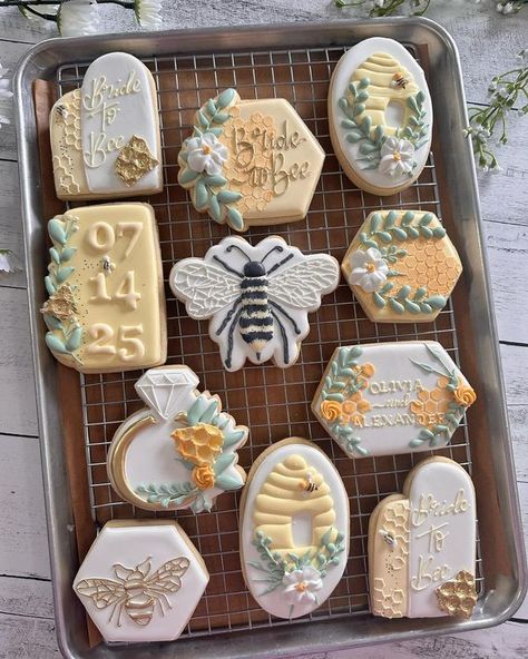 Krazy Kookie Mama Bride To Bee, Bee Cookies, Sugar Cookie Designs, Cookie Inspiration, Icing Cookies, Fun Cookies, Cookie Designs, Royal Icing Cookies, Royal Icing