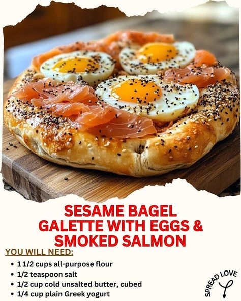 Irresistible Sesame Bagel Galette with Eggs & Smoked Salmon 🍳🥯🐟 Elevate your brunch game with this mouthwatering galette that combines flaky pastry with creamy eggs, savory smoked salmon, and a touch of sophistication. Perfect for impressing guests or indulging in a cozy morning at home! Don’t forget to save this recipe and share your thoughts in the comments below! Ingredients: For the Galette Dough: 1 1/2 cups all-purpose flour 1/2 teaspoon salt 1/2 cup cold unsalted butter, cubed 1/4 cu... Salmon Bagels Smoked, Smoked Salmon And Bagels, Smoked Salmon On Bagel, Smoked Salmon Galette, Salmon And Lox Bagels, Perfect Pizza Crust, Sesame Bagel, Creamy Eggs, How To Make Bacon