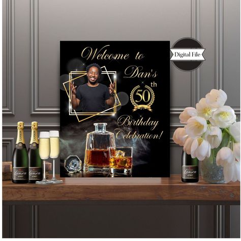 Personalized Photo Welcome Sign for Man, Whisky and Smoke, Black and Gold Entrance Print, Birthday, Retirement, Printable,DIGITAL FILE ONLY This is a digital file for a Personalized  Photo Welcome Party Print in black and gold with whisky and smoke effect. Wording can be customized to suit your occasion! Please upload photo in messages or email me at: sqinspirations@yahoo.com A special way to welcome guests into your party venue, whether at home or in a party room or restaurant!  Add that specia 50th Birthday Signs For Men, Party Venues, Welcome To The Party, Usb Stick, Party Prints, Glossy Photo Paper, Photo Lab, 50th Birthday, Digital Files