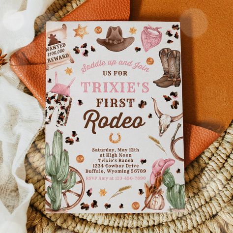 Cowgirl Wild West 1st Rodeo Ranch Birthday Party Invitation Ranch Birthday Party, 1st Rodeo, 1st Birthday Invitations, Kids Nursery Decor, Free Birthday Invitations, Pink Design, Free Birthday Invitation Templates, Kids Stationery, Birthday Party Invitation