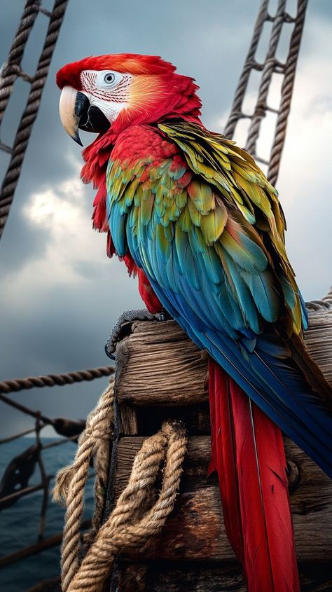 🌈🦜 Ahoy, mateys! Check out this stunning pirate parrot perched on a rustic wooden perch! With vibrant feathers that pop against the simple ship backdrop, this feathery friend is ready to set sail on an adventure! 🏴‍☠️✨ Perfect for your pirate-themed decor or just for bird lovers! 🐦💖 #PirateParrot #BirdLovers #NauticalVibes #ColorfulFeathers... King Parrot Art, Pirate Parrot Craft, Pirate Bird, Pirate With Parrot, Macaw Parrot Painting Acrylic, Image Cloud, Wooden Beam, Birds Photography Nature, Birds Wallpaper