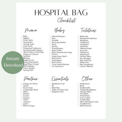 Hospital Bag Checklist Hospital Bag Checklist Printable Hospital Bag Checklist Template Birth Packing List Labor Bag Checklist - Etsy Packing List For Hospital Births, Husband Hospital Bag Packing Lists, What Should I Pack In My Hospital Bag, Pack For Hospital Birth, Newborn Hospital Essentials, Hospital Bag Must Haves Packing Lists, Pregnancy Go Bag Packing Lists, Birthing Hospital Bag Packing Lists, What Do I Need In My Hospital Bag