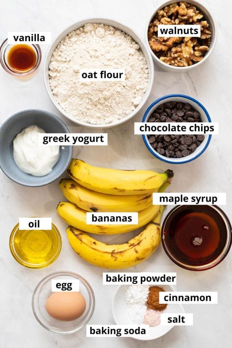 Oat Flour Banana Bread Recipe - iFoodReal.com Banana Oat Flour Bread, Healthy Oat Flour Banana Bread, Oats Banana Bread Recipe, Oat Flower Banana Bread, Healthy Banana Bread Oat Flour, Oat Flour Banana Bread Muffins, Banana Bread Recipe Oats, Banana Oats Cake, Oat Flour Banana Bread Recipe