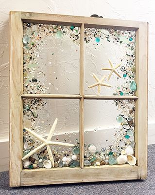 Sea Glass Window Art, Beach Window, Sea Glass Window, Mosaic Window, Old Window Projects, Beach Resin, Sea Glass Mosaic, Window Crafts, Seashell Wall Art