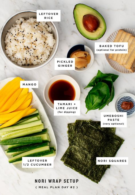 Meal Plan Day 2: Mango Cucumber Nori Wraps Veg Sushi Rolls, Sushi With Mango, Seaweed Recipes Wraps, Mango Sushi Roll, Nori Wraps Recipes, Japanese Diet Meal Plan, Microbiotic Diet, Seaweed Wraps Recipes, Veg Sushi