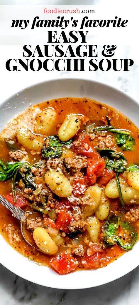 FAMILY FAVORITE! EASY SAUSAGE & GNOCCHI SOUP | foodiecrush.com This sausage and gnocchi soup serves many purposes that apply right now—it’s easy, calls for pantry staples, and who doesn’t love Italian?—but it’s so good it’s sure to become a favorite you’ll be making for years to come. #soup #recipes #gnocchi #easy #healthy Soup Recipe With Sausage, Sausage And Gnocchi Soup, Sausage Gnocchi Soup, Sausage Gnocchi, Recipe With Sausage, Buttered Bread, Gnocchi Soup, Recipes Soup, Hearty Soup