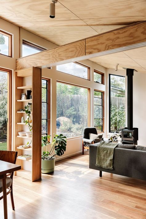 Monty SunCatcher — Drawing Room Architecture 1950s Architecture Home, 1950s Windows, 1950 Architecture, 1950s Cottage, Room Architecture, Engineered Timber Flooring, Timber Beds, Sea House, Biophilic Design