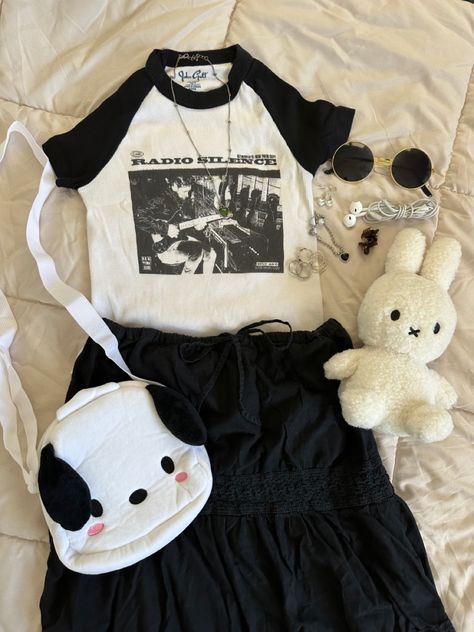 outfit inspo fashion inspo miffy plushie pochacco bag round sunglasses radio silence shirt brandy shirt brandy tee brandy melville black long ruffle skirt Miffy Aesthetic Outfit, Pochacco Inspired Outfit, Pochacco Outfit Ideas, Miffy Inspired Outfit, Pochacco Clothes, Pochacco Shirt, Pochacco Outfit, Radio Silence Shirt, Miffy Outfit