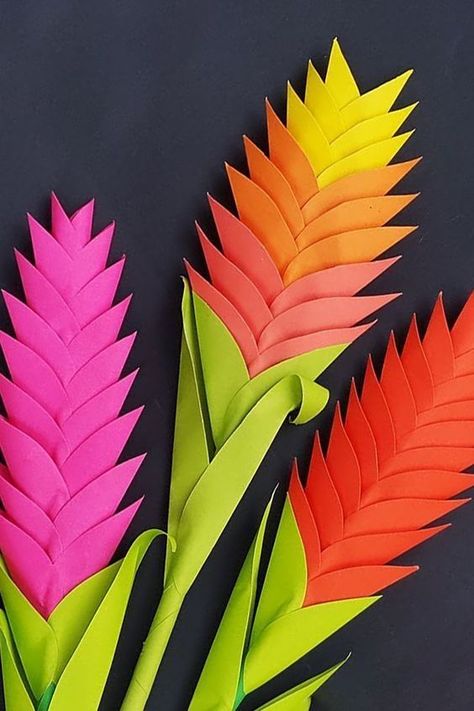 Jungle Flowers Paper, Diy Jungle Flowers, Diy Tropical Flowers, Tropical Paper Flowers Diy, Tropical Paper Flowers, Safari Vbs, Stick Flowers, Rainforest Crafts, Vbs Jungle