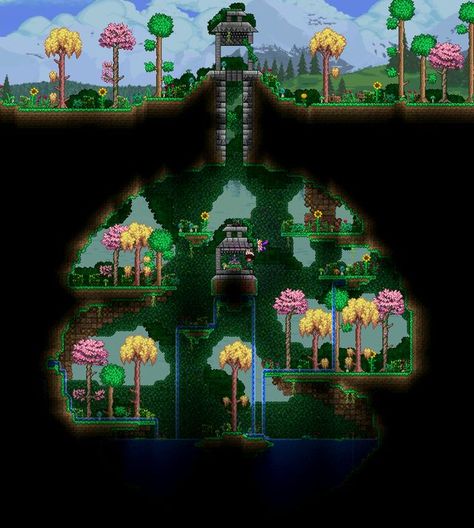 Terraria Npc Hotel, Minecraft Shrine Ideas, Terraria Greenhouse, Terraria Base Ideas, Terraria Dryad, Underground Forest, Terraria Castle, Terraria Base, Terraria Houses