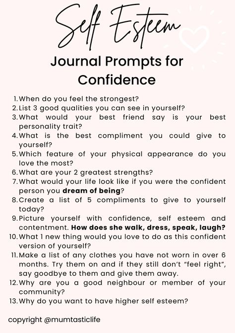 51 Journal Prompts for Self Esteem and Confidence. Journaling prompts for Confidence, Going through a challenging time, for moms and for self-development. Happy journaling! Working On Self Esteem, Confidence Boosting Journal Prompts, Journal For Insecurity, Friend Journal Prompts, Journaling For Self Esteem, Journal Prompts Insecurity, Journal Prompts For Self Love And Confidence, Journal Prompts For Resentment, Shadow Work Journal Prompts Self Esteem