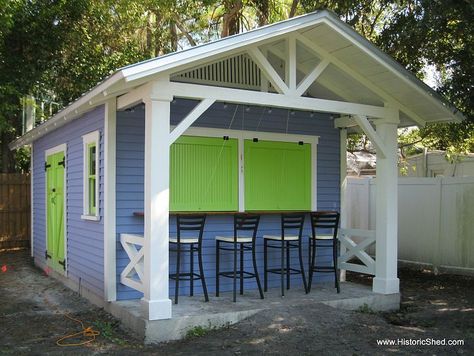 Custom shed / snack bar with a porch and bright green shutters. Backyard Bar Shed, Party Shed, Livable Sheds, Bar En Plein Air, Pool Shed, Bar Shed, Snack Shack, Custom Sheds, Pub Sheds