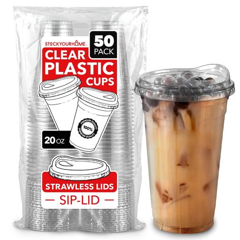 PRICES MAY VARY. PET Plastic: Our 20oz clear plastic cups with lids are BPA-free and crack resistant. They're even reusable - all you have to do is hand wash them. Perfect for iced coffee, lemonade, fresh juice, boba tea, soda, and more! *Not dishwasher safe. Strawless Sip Lids: Our flat lid securely snaps to our clear cups, preventing leaks and spills. It is designed with a sip hole, allowing you to drink your beverage without a straw. Keep straws out of landfills with our 20 oz plastic cups wi Boba Party, Coffee Lemonade, Plastic Cups With Lids, Beverage Containers, Brew Iced Coffee, Ice Latte, Apple Cup, Clear Plastic Cups, Cold Brew Iced Coffee