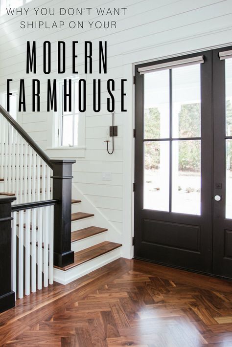 Learn the reality that it's not shiplap that you want for your modern farmhouse, instead it's nickel gap! White Shiplap Foyer, Nickel Gap Shiplap Wall, Shiplap Foyer Entryway, Modern Farmhouse Doors, Nickel Gap Wall, Boathouse Interior, Shiplap Foyer, Shiplap Hallway, Modern Farmhouse Interior Doors