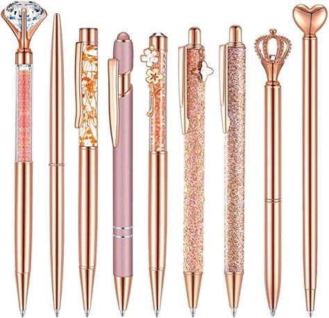 9 Pcs Ballpoint Pens Set Metal Crystal Diamond Pen Liquid Sand Glitter Pen for Journaling Black Ink Pretty Cute Pens Fancy Pens Gifts for Women Girls School Wedding Office Desk Supplies (Rose Gold) Gold Desk Accessories, Rose Gold Pen, Fancy Pens, Crystal Pen, Fine Point Pens, Diamond Pen, Gold Pen, Cute Pens, Metal Pen