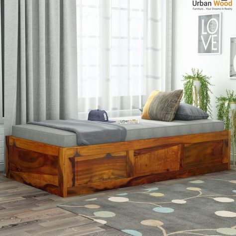 Solas Diwan Bed With Storage (Honey Finish) Diwan Seating Living Rooms, Diwan Furniture, Diwan Bed, Door Design Photos, Wooden Bed Design, Furniture Design Wooden, Living Room Partition, Bed With Storage, Cot Bedding