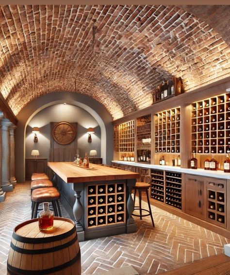 In Ground Wine Cellar, Basement Wine Room Ideas, Man Cave Wine Cellar, Designer Houses Interior, Tuscan Wine Cellar, Hidden Wine Room, Celler Room Ideas, Wine Cellar Dining Room, Cozy Wine Bar