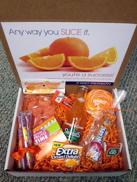 Congratulations Box Ideas, Congratulations Gift Ideas, Work Appreciation, Creative Corporate Gifts, Box Of Sunshine, Orange Box, Cute Birthday Gift, Staff Appreciation, Care Packages