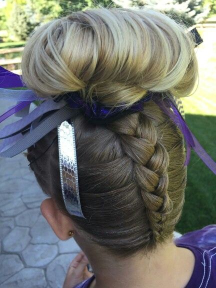 Gymnastics hair. Braids. Gymnastics Meet Hair Buns, Judo Hairstyles, Gymnastic Hairstyles, Gymnastics Hairstyle, Preschool Hairstyles, Gymnastics Meet Hair, Gymnastics Hairstyles, Gymnastics Meet, Bun Ideas