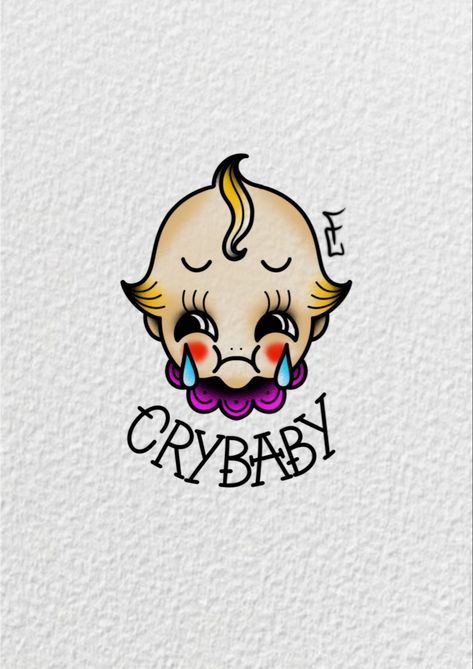 Traditional tattoo design Sour Tattoos, Cry Baby Tat, Kewpie Tattoo Traditional, Traditional Tattoo Baby, Kewpie Tattoo, Olive Tattoo, Kewpie Art, Baby Tattoo, Baby Cry