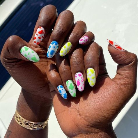 Coloured Cow Print Nails, Yellow Cow Print Nails, Gel Manicure Designs, Cow Print Nails, Bad Nails, Sunflower Nails, Cow Nails, Peach Nails, Indigo Nails