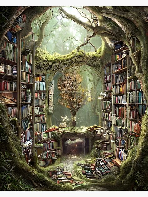 Fantasy Tree Library, Library In Forest, Magic Library Illustration, Forest Themed Library, Stained Glass Library, Enchanted Forest Library, Fantasy Library Concept Art, Mushroom Library, Magical Library Fantasy Art