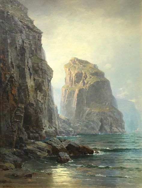 Old Landscape Paintings, Oil Painting Landscapes, Ocean Art Painting, Rocky Landscape, Horizon Landscape, Paintings Landscape, Hudson River School, Marine Painting, Sea Landscape