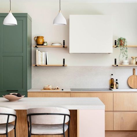 Naked Kitchens | Gorgeous oak J-Groove handle kitchen with a pop of green in the tall cabinetry to bring the earthy colours of the outside in! The natural… | Instagram Backsplash Ideas Kitchen, Scandinavian Color Palette, Wall Colour, Earthy Colours, Minimalist Kitchen Design, Scandinavian Color, Scandinavian Interior Design, Remodel Kitchen, Scandinavian Decor