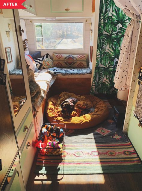 Describe your home’s style in 5 words or less: Mid-century modern, bohemian, found, minimalist. Boho Rv, Fancy Dog Beds, Plant Apartment, Retirement House, Vintage Rv, Cozy Boho, Fancy Dog, Van Home, Rv Interior