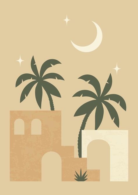 Morocco architecture in moon poster illustration. Modern aesthetic illustrations. Boho style artistic design for wall decoration Boho Poster Design, Morocco Graphic Design, Middle East Aesthetic, Morocco Illustration, Morocco Architecture, Aesthetic Illustrations, Chanel Art Print, Boho Illustration, Design For Wall