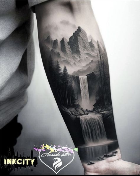 Water Reflection Tattoo, Waterfall Tattoo Design, Forest Tattoo Sleeve, Reflection Tattoo, Waterfall Tattoo, Black Art Tattoo, Nature Tattoo Sleeve, Full Leg Tattoos, Forest Tattoos