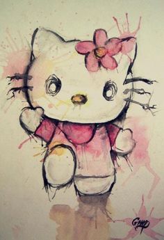 Hello Kitty Watercolor, Kitty Watercolor, Kitty Tattoos, Side Picture, Images Hello Kitty, Hello Kitty Tattoos, Sweet Tattoos, Hello Kitty Art, Hello Kitty Wallpaper