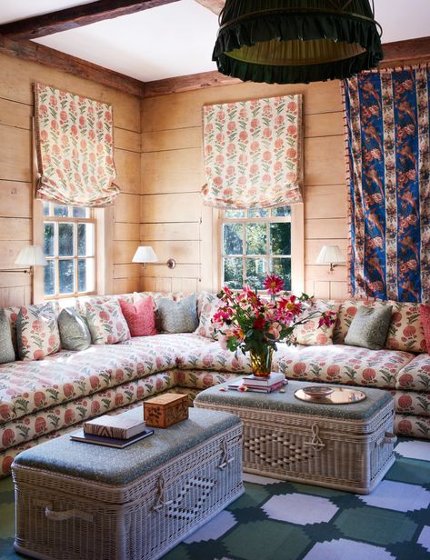 More of a Storied Connecticut House Made New With Vibrant Color and Pattern | Architectural Digest Virginia Tupker, Wide Oak Flooring, Hamptons Farmhouse, Connecticut House, Vintage Loveseat, Plain English Kitchen, Pine Bookcase, Maximalist Home, English Room