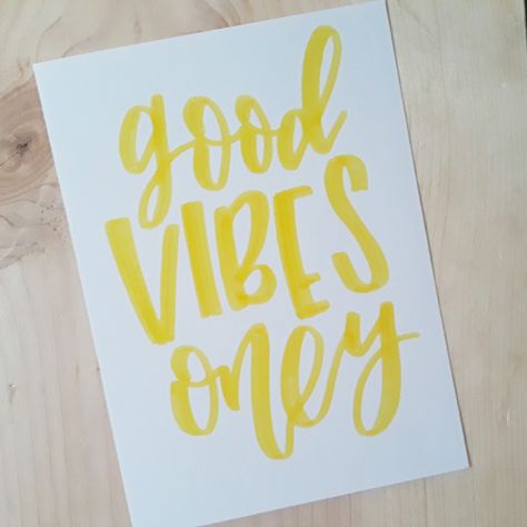 "This piece is a unique original and was made entirely by hand just for you:) Lettered in a bright, fun, modern calligraphy style, this piece is perfect for a simple piece of art in any room of your home or office. Paired with either a unique frame or a simple clipboard, this quote is an essential reminder to keep a positive outlook no matter what life brings out way!♡ * free shipping! * \"good vibes only\" * made with yellow ink pens * modern calligraphy brush lettering * thick watercolor paper Chalkboard Hand Lettering, Quote Good Vibes, Calligraphy Writing Styles, Calligraphy Brush, How To Write Calligraphy, Hand Lettering Quotes, Single Quotes, Ink Pens, Calligraphy Styles