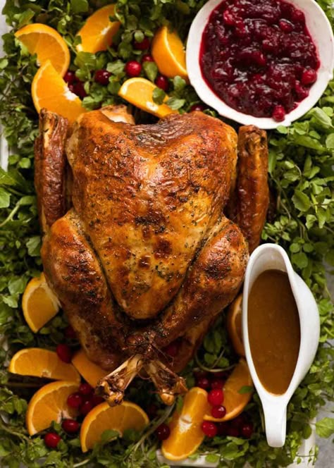 Juicy Roast Turkey decorated on platter Easy Thanksgiving Sides, Puerto Rican Style, Traditional Turkey, Giblet Gravy, Whole Turkey Recipes, Flexitarian Recipes, Whole Turkey, Recipetin Eats, Roast Turkey